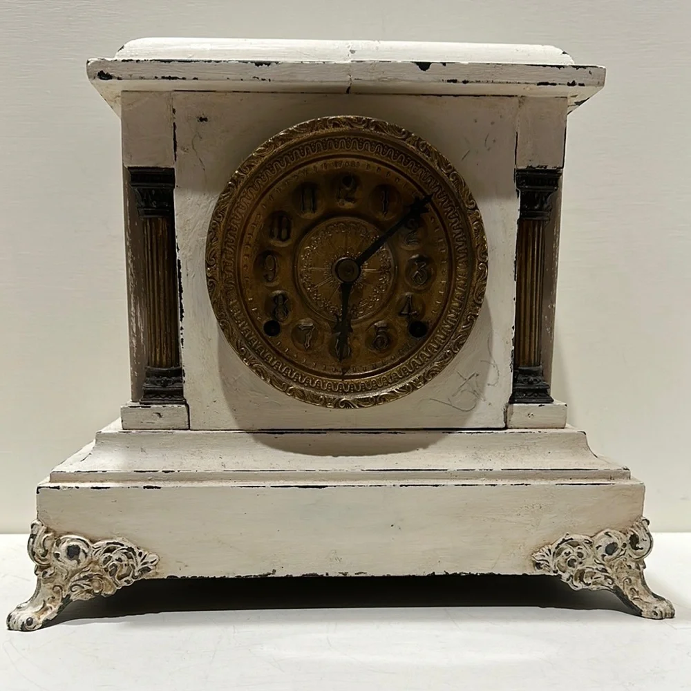 Antique Gold and White Mantel Clock with Ornate Columns